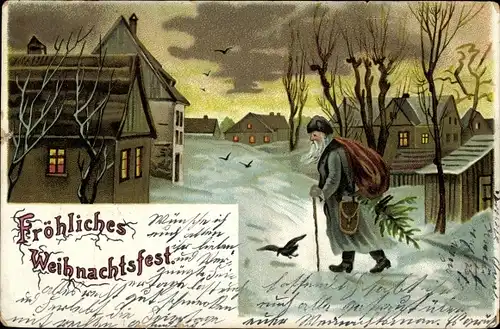 Litho Glückwunsch Weihnachten, Weihnachtsmann in einer Ortschaft