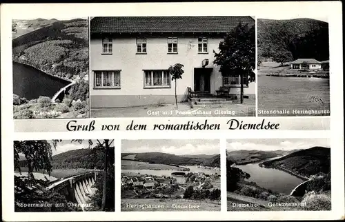 Ak Heringhausen Diemelsee im Sauerland, Diemelsee, Gasthaus Giessing, Sperrmauer m. Überlauf