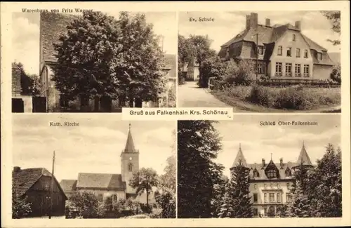 Ak Sokołowiec Falkenhain Schlesien, Kath. Kirche, Ev. Schule, Schloss Ober-Falkenhain, Warenhaus