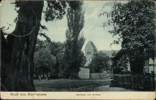 Ak Blankensee Trebbin, Dorfaue mit Blick auf die Kirche