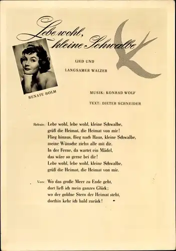 Lied Ak Sängerin Renate Holm, Portrait, Liedtext Lebe wohl, kleine Schwalbe