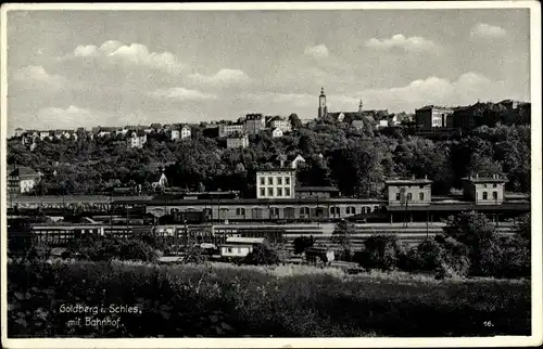 Ak Złotoryja Goldberg Schlesien, Gesamtansicht, Bahnhof