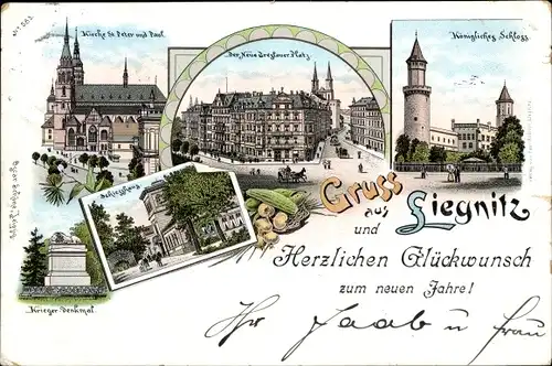 Litho Legnica Liegnitz Schlesien, Kirche St. Peter u. Paul, Breslauer Platz, Schloss, Schießhaus
