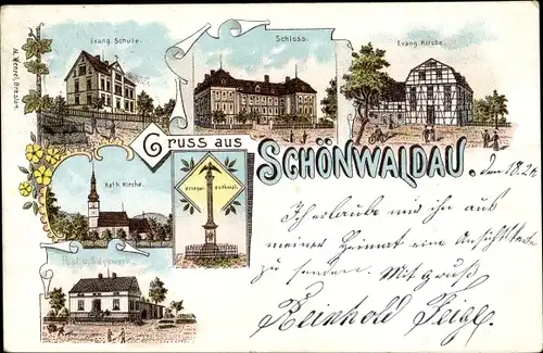 Litho Rząśnik Schönwaldau Schlesien, Schloss, Schule, Kirche, Post, Sägewerk, Kriegerdenkmal