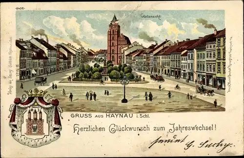 Wappen Litho Chojnów Haynau Schlesien, Platz, Kirche, Denkmal, Fröhliches Neujahr