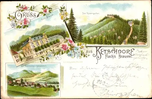 Litho Kaczorów Ketschdorf an der Katzbach Schlesien, Flach's Brauerei, Rosengarten, Panorama