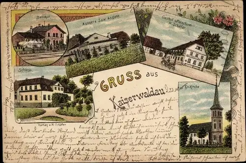 Litho Okmiany Kaiserswaldau Schlesien, Bahnhof, Gasthof u. Fleischerei H. Schäfer, Kirche, Schloss