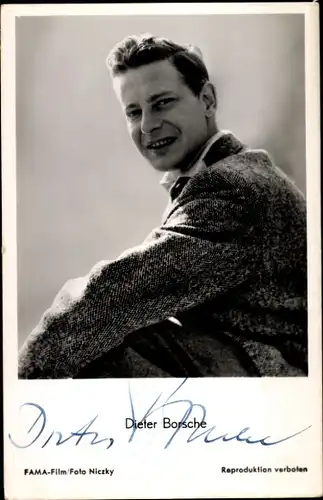 Ak Schauspieler Dieter Borsche, Portrait, Autogramm, Sakko, Kragen. Dr. Holl