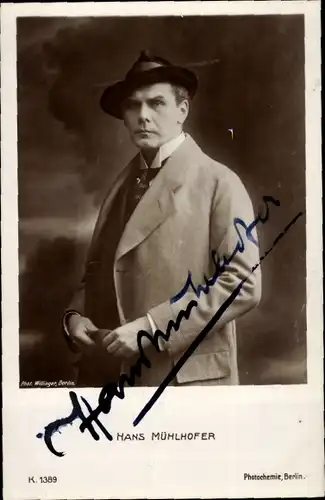 Ak Schauspieler Hans Mühlhofer, Portrait, Autogramm, Hut