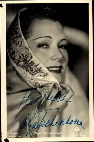 Ak Schauspielerin Olga Tschechowa, Portrait, Autogramm, Kopfbedeckung