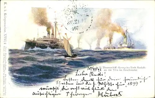Künstler Litho Österreichisches Kriegsschiff, SMS Kronprinz Erzh. Rudolf im Geschwader, Turmschiff