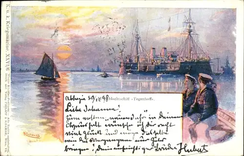 Künstler Litho Kircher, Österreichisches Kriegsschiff, SMS Tegetthoff, Schlachtschiff