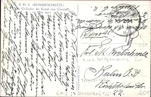 Künstler Ak Stöwer, Willy, Österr. Kriegsschiff SMS Scharfschütze, Gefecht Kanal von Corsini 1915