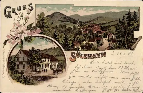 Litho Sülzhayn Ellrich Thüringen, Totalansicht, Gasthaus zur Post