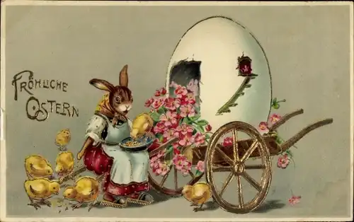 Präge Ak Glückwunsch Ostern, Osterei, Küken, Schubkarre, Osterhase, Blumen