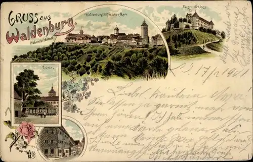 Litho Waldenburg Hohenlohekreis, Fürtl. Schloss, Linde, Pfarrhaus