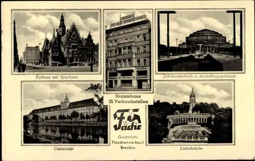 Ak Wrocław Breslau Schlesien, Rathaus, Sparkasse, Universität, Fache, Flaschenverkauf, Liebichshöhe