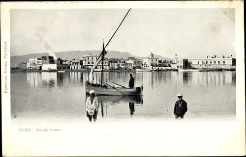 Ak Suez Ägypten, Maree haute, Stadtpanorama bei Flut, Segelboot