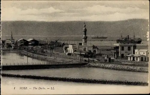 Ak Suez Ägypten, The Docks, Hafenpartie, Minarett, Dampfschiff