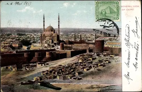 Ak Kairo Ägypten, Totalansicht der Stadt, Moschee, Minarette, Stadtmauer