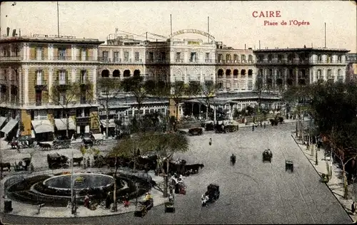 Ak Kairo Ägypten, Place de l'Opera, Opernplatz, Brunnen, Straßenpartie