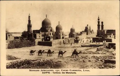 Ak Kairo Ägypten, Cours Gambetta, Tombeau des Mamelucks, Kamele