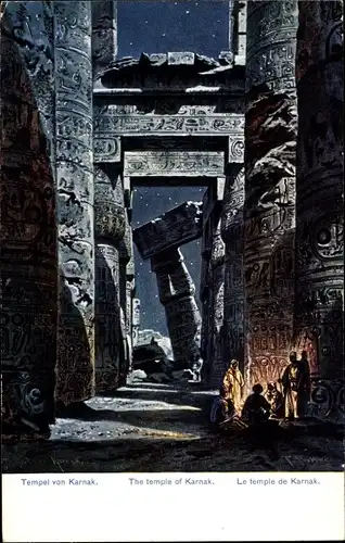 Künstler Ak Perlberg, F., Karnak Ägypten, Alte Tempelruinen, Lagerfeuer