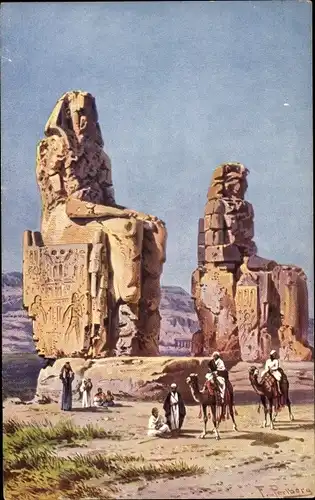 Künstler Ak Perlberg, F., Theben Ägypten, The Colosses at Thebes, Kamele