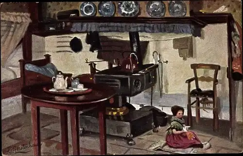Künstler Ak Gerstenhauer, J. G., niederländische Stube, Herd, Mädchen in Tracht