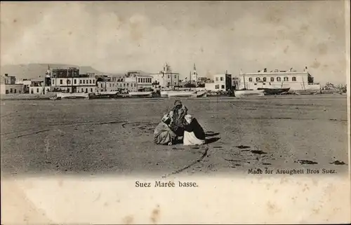 Ak Suez Ägypten, Strandpartie bei Ebbe, Stadt