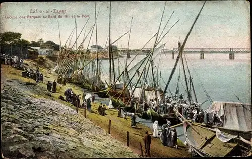 Ak Cafre el Zayat Ägypten, Bootsgruppe am Nilufer und an der Brücke
