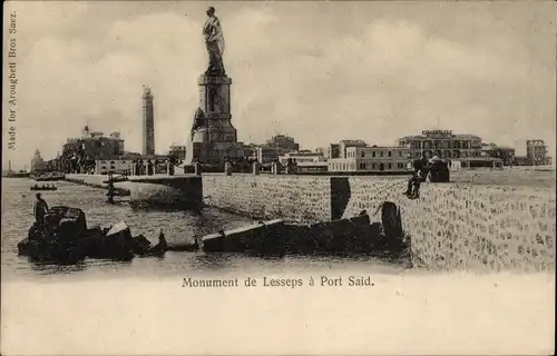 Ak Port Said Ägypten, Monument de Lesseps, Blick auf die Statue, Hafenpartie