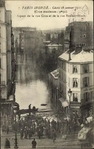Ak Paris XVI Passy, Überschwemmung der Seine 1910, Rue Gros, Rue Boulainvilliers