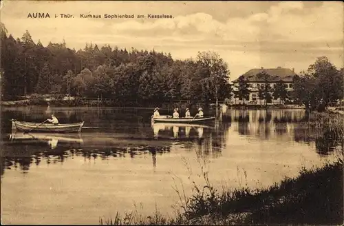 Ak Auma in Thüringen, Kurhaus Sophienbad am Kesselsee, Ruderboote