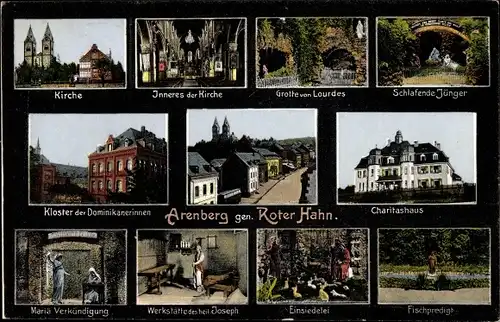 Ak Arenberg Koblenz am Rhein, genannt Roter Hahn, Kirche, Grotte von Lourdes, Schlafende Jünger