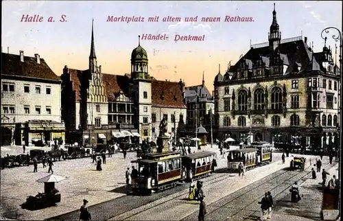 Ak Halle an der Saale, Blick auf den Marktplatz, Altes und Neues Rathaus, Straßenbahnen