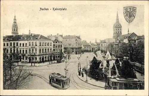 Ak Aachen in Nordrhein Westfalen, Kaiserplatz, Brunnen, Straßenbahnen, Stadtwappen