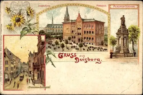 Litho Duisburg im Ruhrgebiet, Josephskirche, Mittelschule, Mercatordenkmal, Poststraße, Reichspost