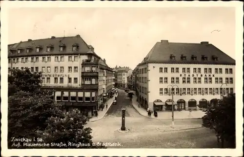 Ak Zwickau in Sachsen, äußere Plauensche Straße, Ringhaus und Stadtbank