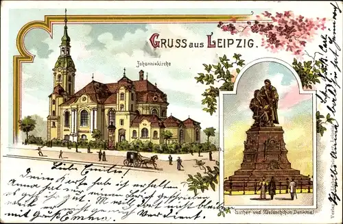 Litho Leipzig in Sachsen, Johanniskirche, Luther und Melanchthon Denkmal
