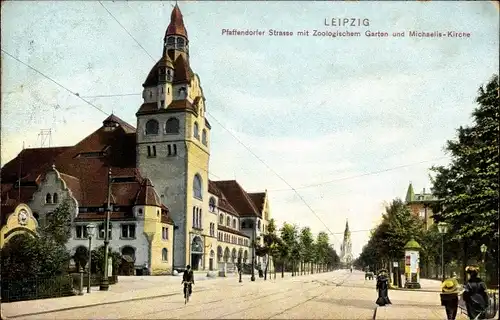 Ak Leipzig in Sachsen, Pfaffendorfer Straße mit Zoologischem Garten u. Michaelis-Kirche