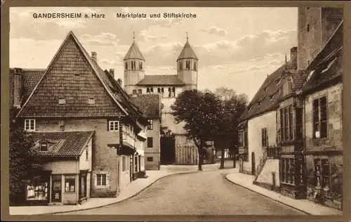 Ak Bad Gandersheim am Harz, Marktplatz mit Stiftskirche