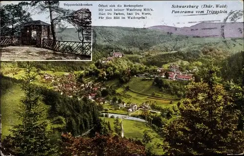Ak Schwarzburg in Thüringen, Blick vom Trippstein, Panorama, Trippsteinhäuschen