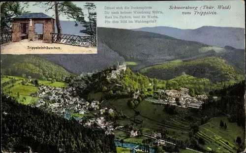 Ak Schwarzburg in Thüringen, Blick vom Trippstein, Trippsteinhäuschen, Gedicht, Panorama