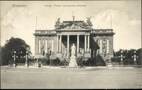 Ak Wiesbaden in Hessen, Königl. Theater, Schiller-Denkmal