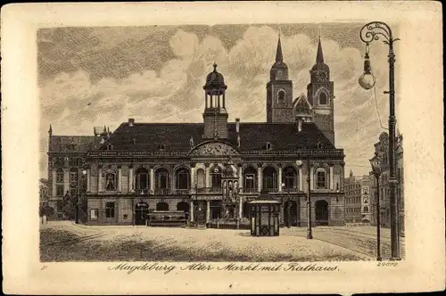 Künstler Ak Magdeburg, Alter Markt mit Rathaus