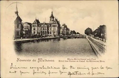 Ak Mulhouse Mülhausen Elsass Haut Rhin, Rhein Rhone Kanal mit Post