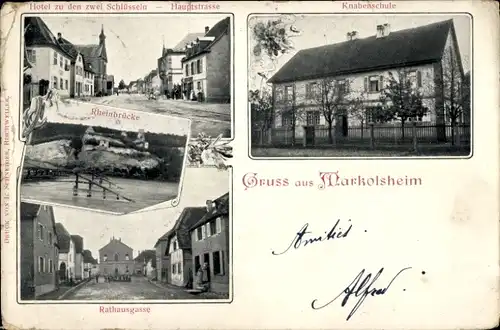 Ak Marckolsheim Markolsheim Elsass Bas Rhin, Knabenschule, Rathausgasse, Hotel zu den 2 Schlüsseln
