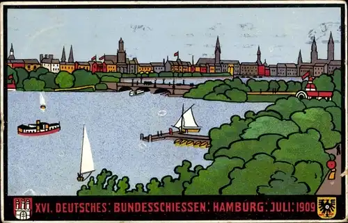 Künstler Ak Hamburg Mitte Altstadt, XVI. Deutsches Bundesschiessen Juli 1909