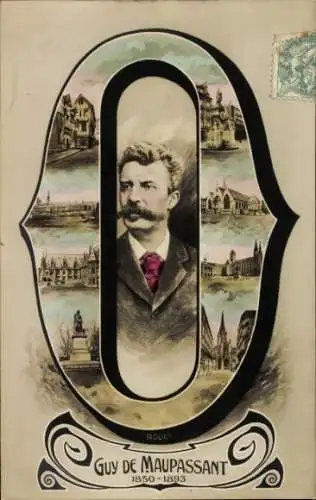 Ak Rouen Seine Maritime, Portrait Guy de Maupassant 1850-1893, Gebäude